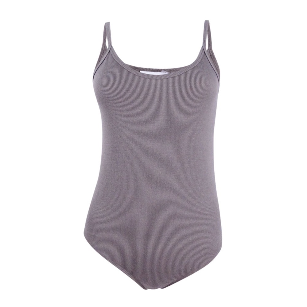 NWT DKNY Cami Bodysuit Sport Rib-Knit Thong Tank Grey Taupe